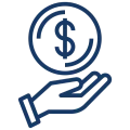 Hand holding a dollar coin icon.