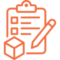 Clipboard, pencil, and cube icon illustration.