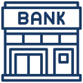 Bank building icon in blue outline.