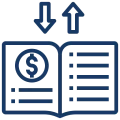 Open book with dollar and arrows icon.